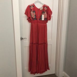 Cleobella Red Maxi Dress with Floral Embroidery